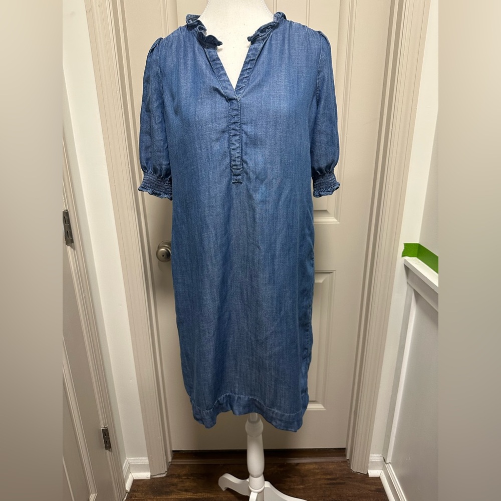 Talbots Blue Chambray Ruffle Neck Shift Dress - image 3